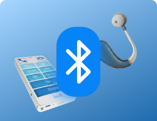 KISA Phone beside a Bluetooth icon and a hearing aid, illustrating the device's compatibility with wireless technology and accessibility aids.