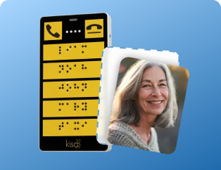 KISA Phone displaying braille interface next to a smiling elderly woman's photo, highlighting accessibility features for visually impaired users