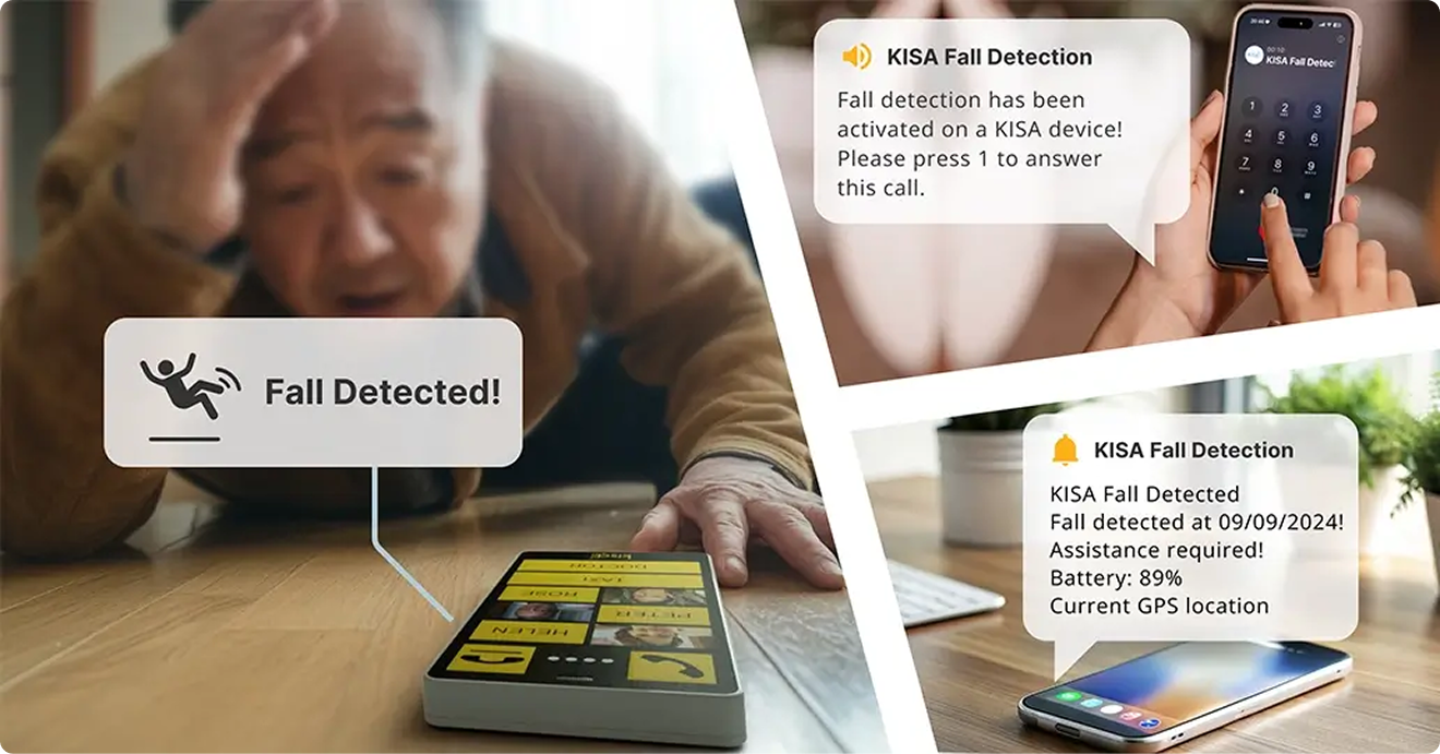 Composite image showing an elderly man who has fallen on stairs, with digital icons indicating emergency response activation, and a woman receiving a fall detection alert on her smartphone, prompting her to take action
