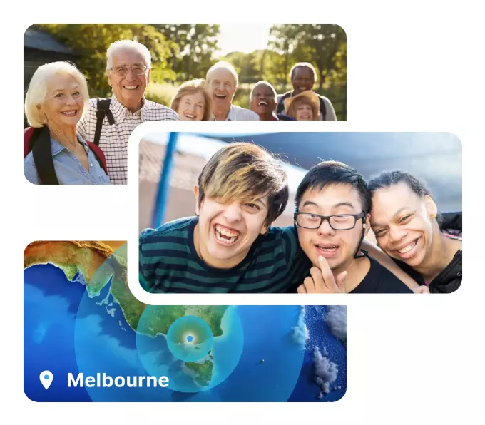 A collage of three images: at the top, a group of joyful elderly friends outdoors; in the middle, three young adults laughing together; and at the bottom, a graphic showing Melbourne, Australia, with a map marker over it, illustrating a diverse community connected by location