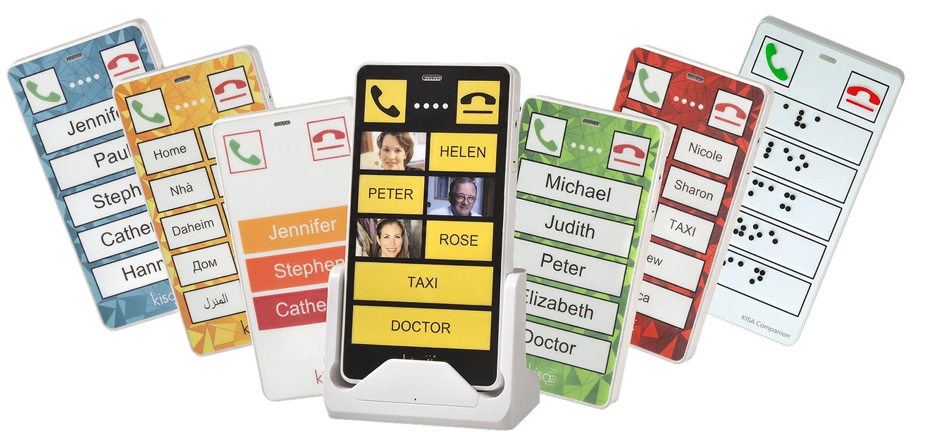 KISA Phone on cradle with large yellow buttons for easy contact access, designed for seniors or those with accessibility needs.