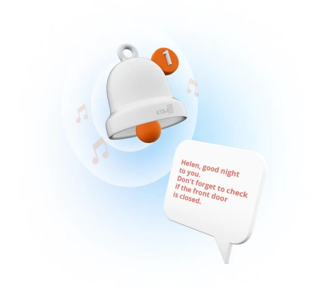 Notification bell with a message reminder from the KISA Reminders service, prompting to check if the front door is closed.