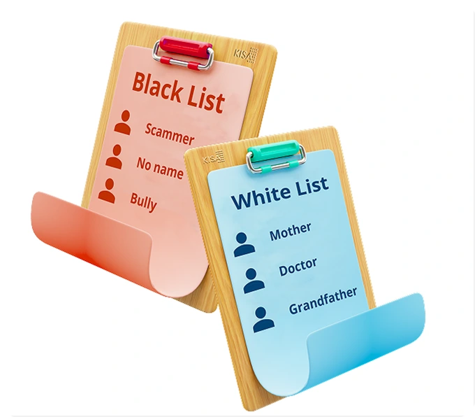 Clipboards showing blacklist for scammers and whitelist for trusted contacts demonstrating KISA Shield scam protection
