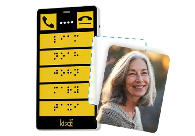 KISA Phone displaying braille interface next to a smiling elderly woman's photo, highlighting accessibility features for visually impaired users