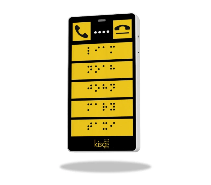 Close-up of a KISA Phone displaying its interface with large yellow buttons and braille, emphasizing accessibility features for visually impaired users.