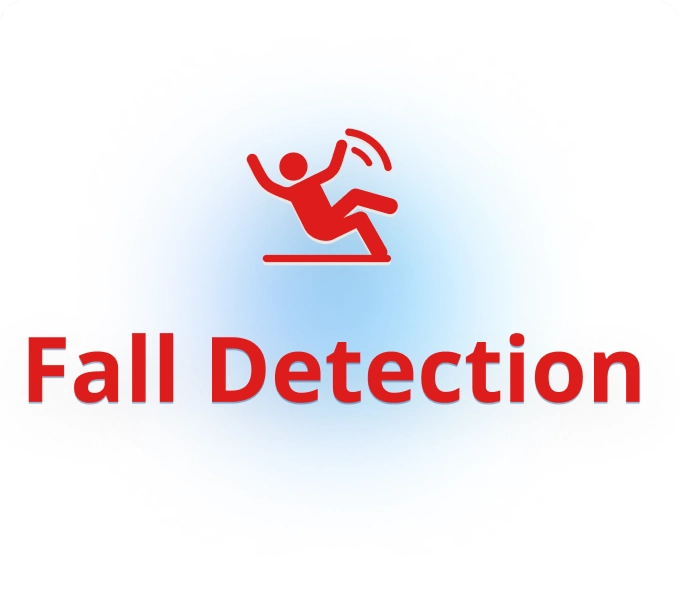 A red Fall Detection icon depicting a person falling backward and motion lines conveying movement or imbalance, serving as a visual alert for fall detection