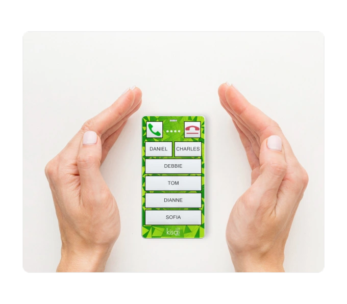 Hands framing mobile phone contact list showing KISA Shield protective call screening for elderly safety
