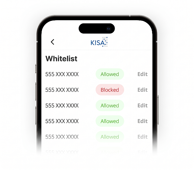Mobile phone whitelist showing KISA Shield call blocking protection for elderly scam prevention