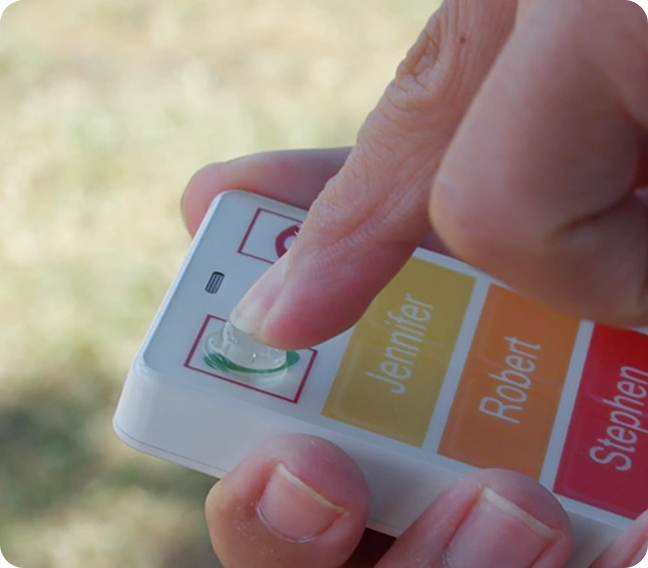 White KISA Phone showing contact list with large photos and names including Vivian, Walter, Anna, Ethan, and Ken for easy navigation