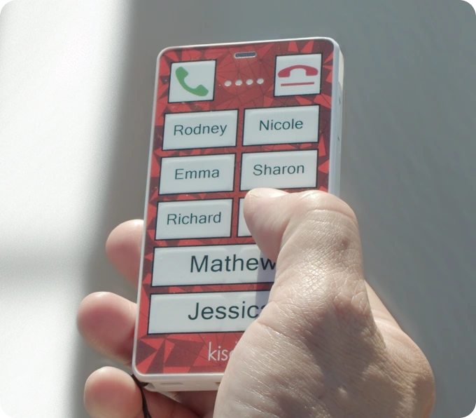 Red KISA Phone showing simple to use contact buttons for easy senior calling