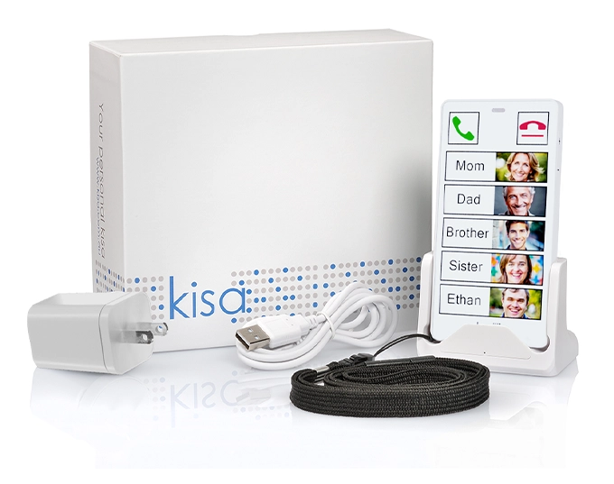 KISA Phone on cradle with box, charger, and lanyard included, showing easy contact buttons for seniors