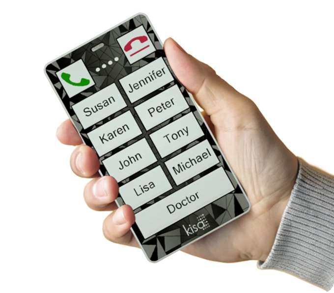 Hand holding KISA phone with different contact buttons for seniors