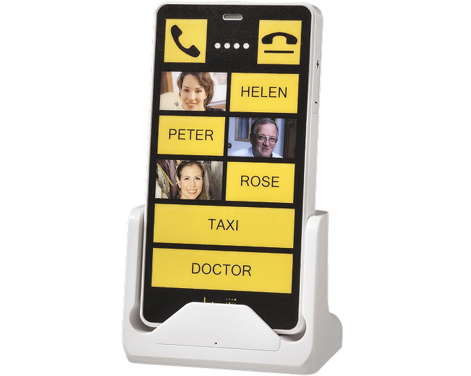 KISA Phone on cradle with large yellow buttons for easy contact access, designed for seniors or those with accessibility needs.