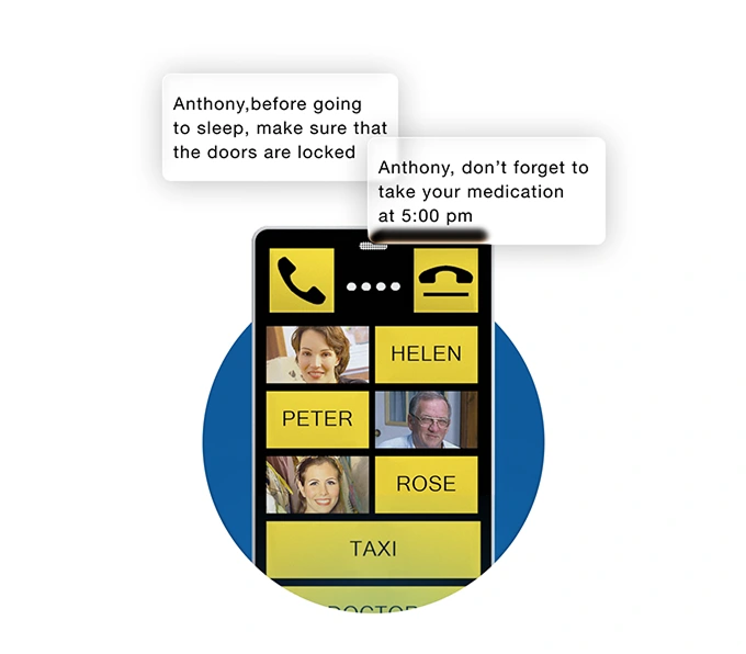 KISA mobile communication device showing medication reminders demonstrating KISA automated reminder service