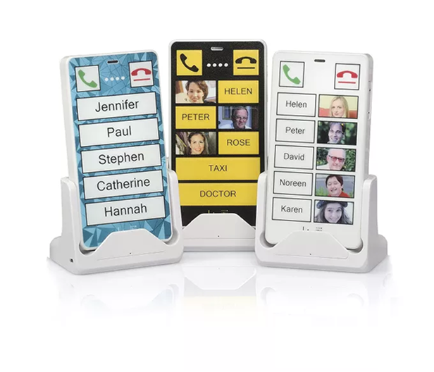 Three KISA Phones on display, each programmed with large, easy-to-read contacts for Jennifer, Paul, Stephen, Helen, and others, along with services like Taxi and Doctor