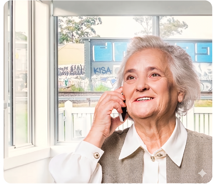 Elderly woman smiling and talking on the phone by a window overlooking a street with graffiti, appearing content and engaged.
