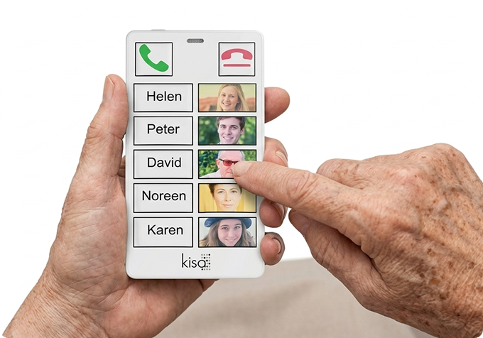 White KISA Phone held in someone's arms