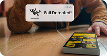 Composite image showing an elderly man who has fallen on stairs, with digital icons indicating emergency response activation, and a woman receiving a fall detection alert on her smartphone, prompting her to take action