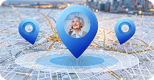 City map with blue location pins highlighting the position of an elderly woman, symbolizing location tracking for safety and connectivity.