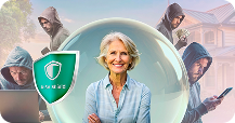 Senior woman smiling confidently within a protective bubble, symbolized by the KISA Shield logo, while shadowy figures engage in suspicious activities in the background, highlighting the safety and security provided by the service.