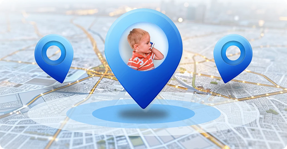 A city map with blue location pins, one featuring a child\'s image inside it, representing child location tracking technology for enhanced safety